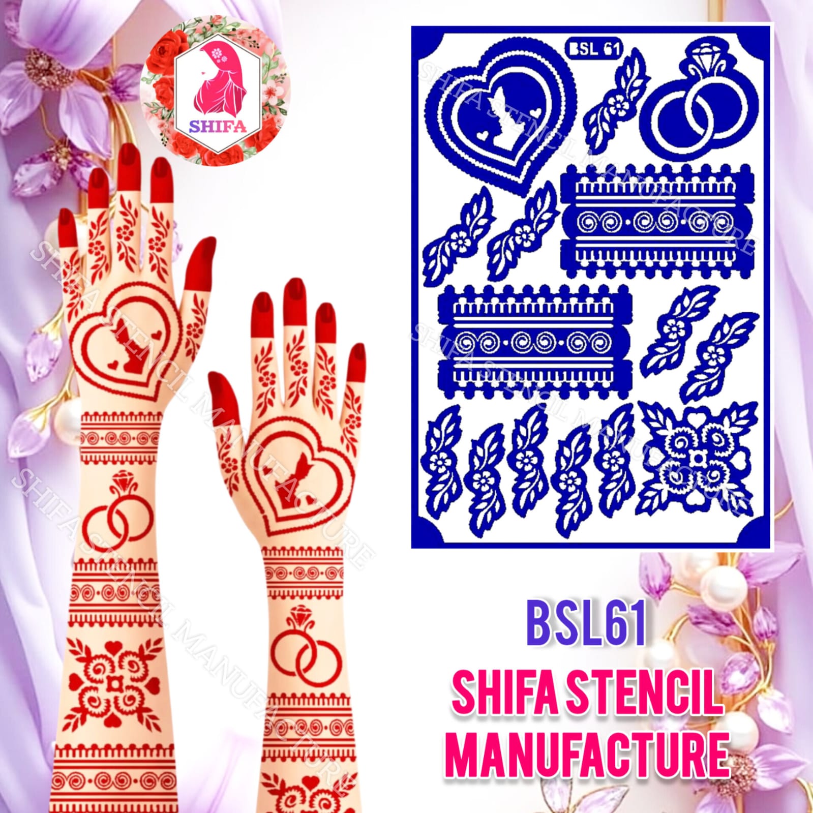 BSL 61 Bride & Groom faced Ring Themed Design Sticker Overview Henna Stencil - Shifa Stencil